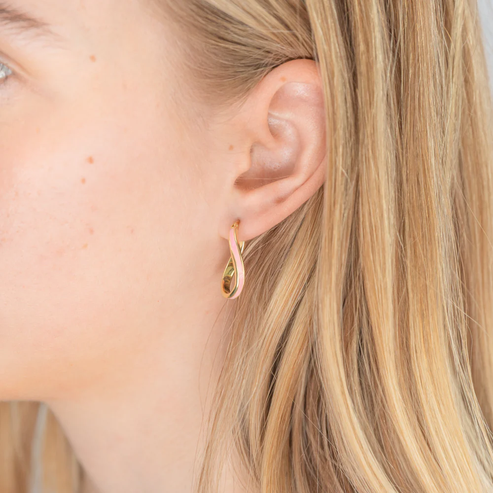 9ct Yellow Gold Silver Filled Pink Enamel On Twisted Hoop Earrings - Image 2