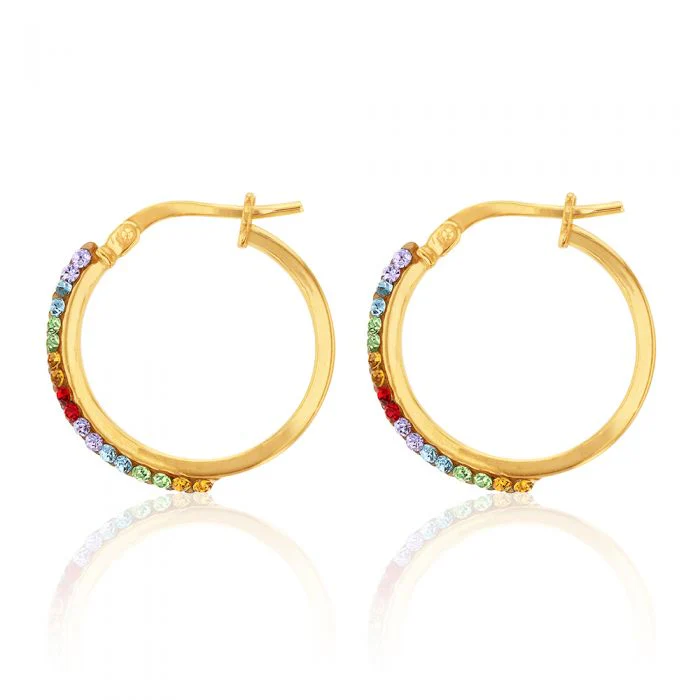 9ct Yellow Gold Silver Filled Rainbow Multi Colour Crystal 15mm Hoop Earrings - Image 2