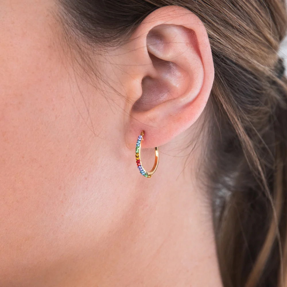 9ct Yellow Gold Silver Filled Rainbow Multi Colour Crystal 15mm Hoop Earrings - Image 3