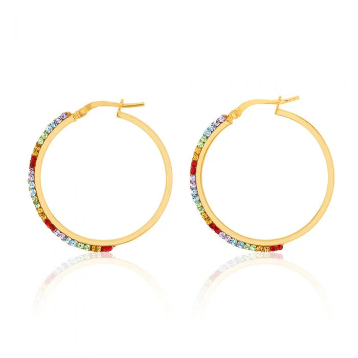 9ct Yellow Gold Silver Filled Rainbow Multi-Colour Crystals 25mm Hoop Earrings - Image 2