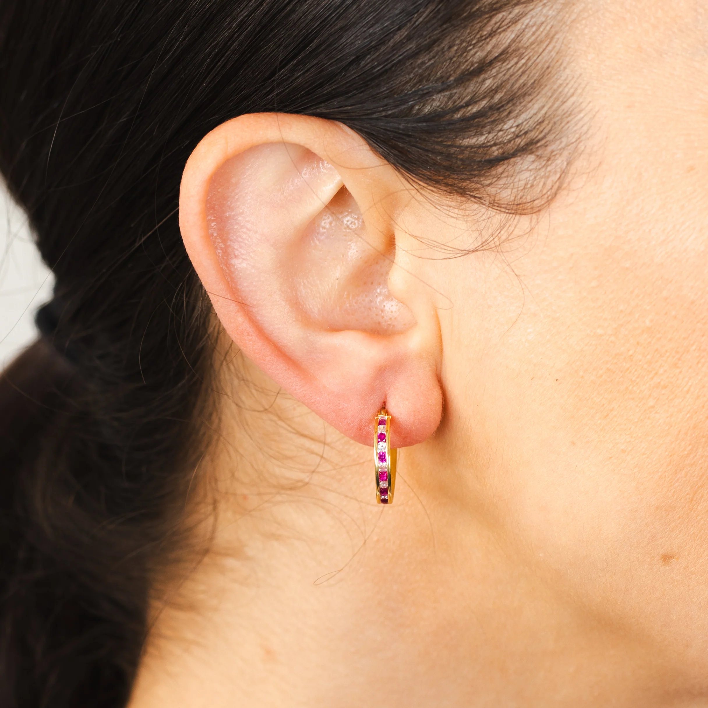 9ct Yellow Gold Silver Filled Red Cubic Zirconia 10mm Hoop Earrings - Image 2