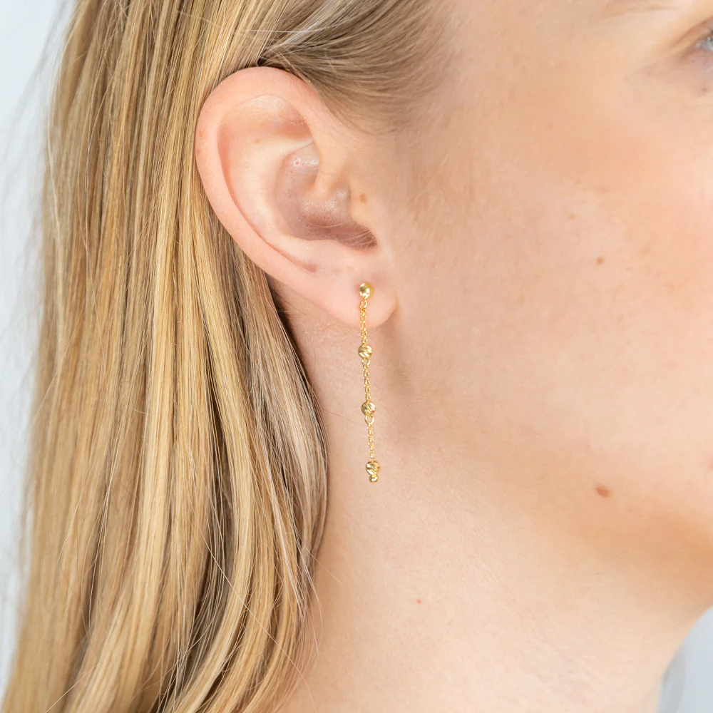 9ct Yellow Gold Silver Filled trio Beads Drop Earrings - Image 2