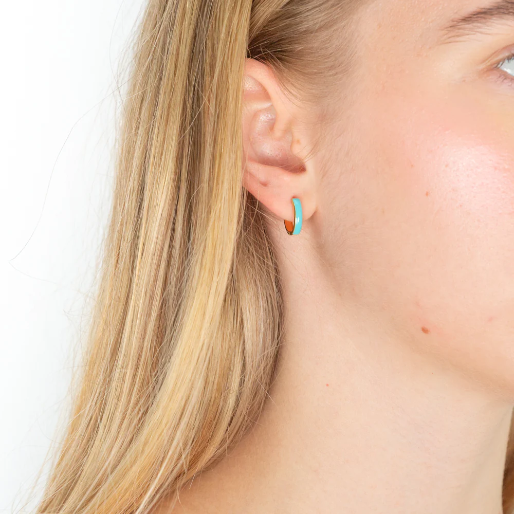 9ct Yellow Gold Silver Filled Turquoise colour Enamel Hoop Earrings - Image 2