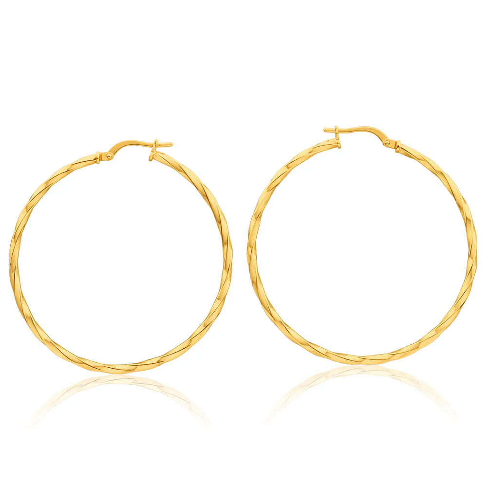 9ct Yellow Gold Silver Filled Twist 40mm Hoop Earrings - Image 2