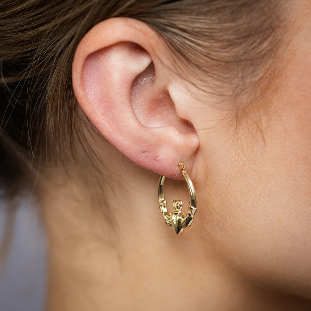9ct Yellow Gold Silverfilled Claddagh Hoop Earrings - Image 2