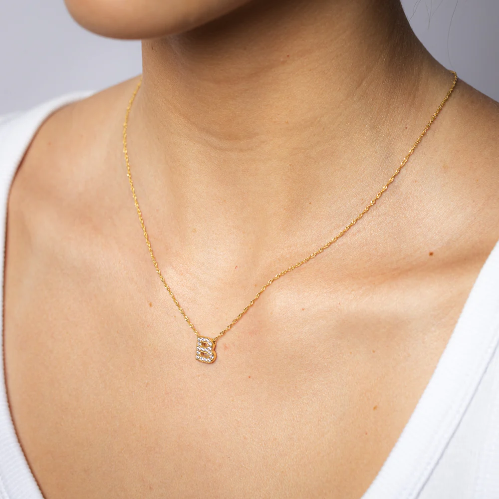 9ct Yellow Gold Silverfilled Cubic Zirconia Initial "B" Pendant On Chain - Image 2