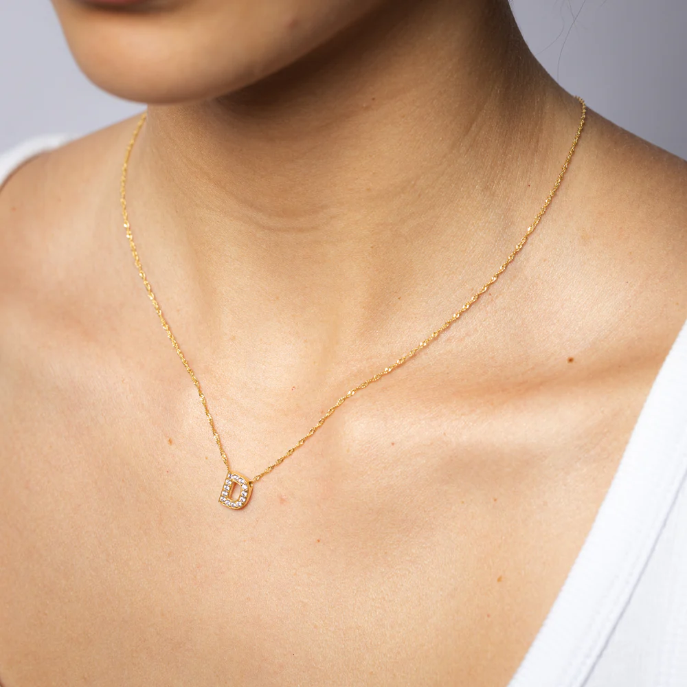 9ct Yellow Gold Silverfilled Cubic Zirconia Initial Letter "D" Pendant On Chain - Image 2