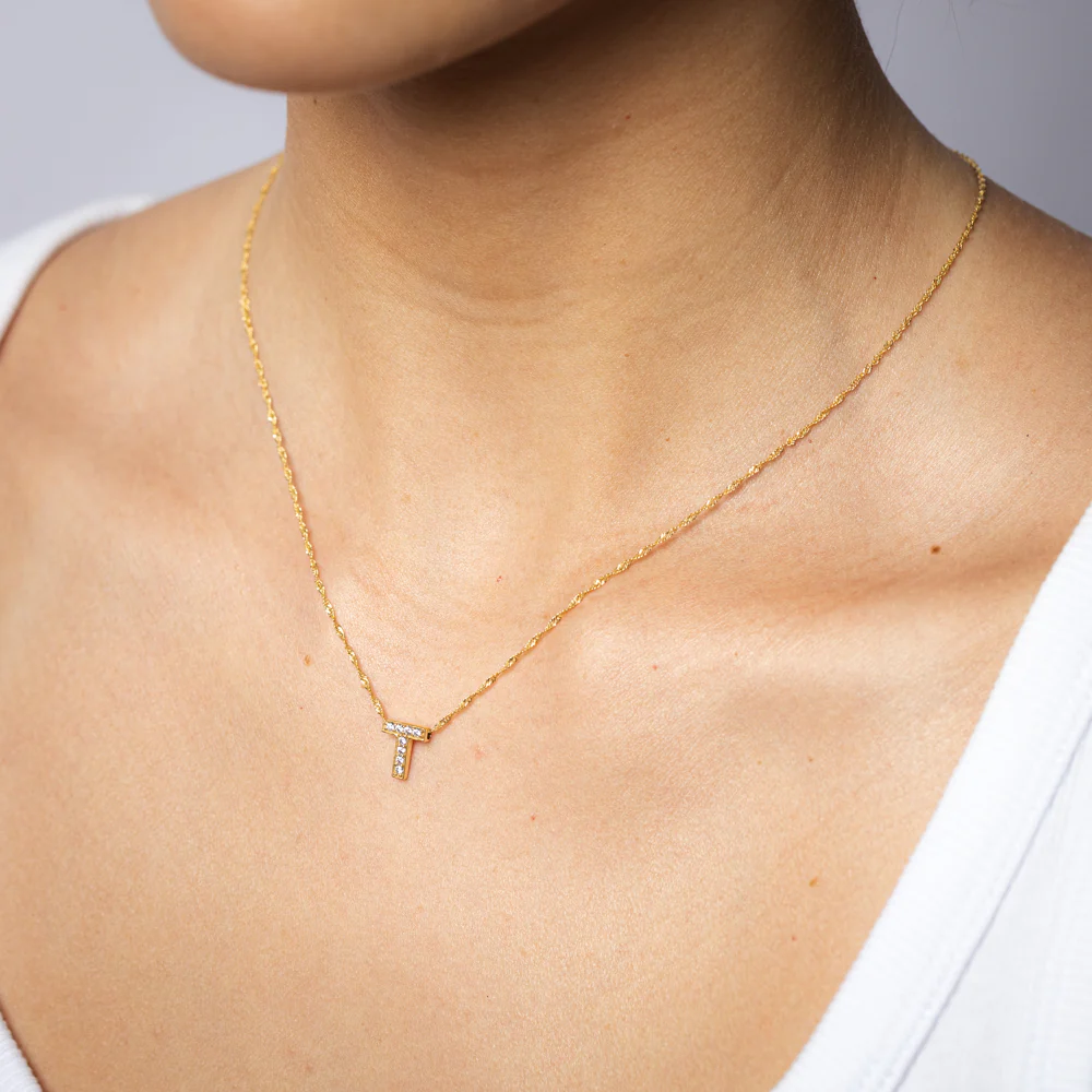 9ct Yellow Gold Silverfilled Cubic Zirconia Initial Letter "T" Pendant On Chain - Image 2