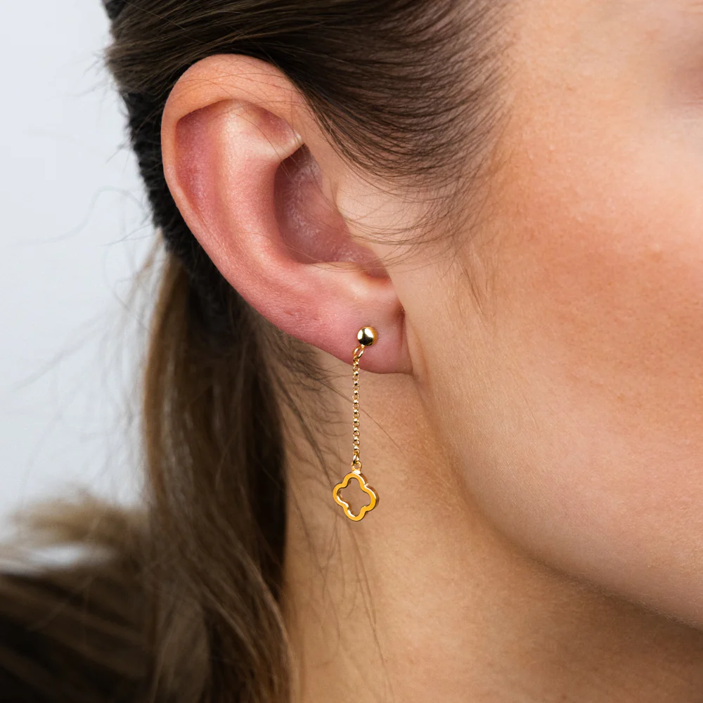 9ct Yellow Gold Silverfilled Fancy Clover Leaf Drop Earrings - Image 2