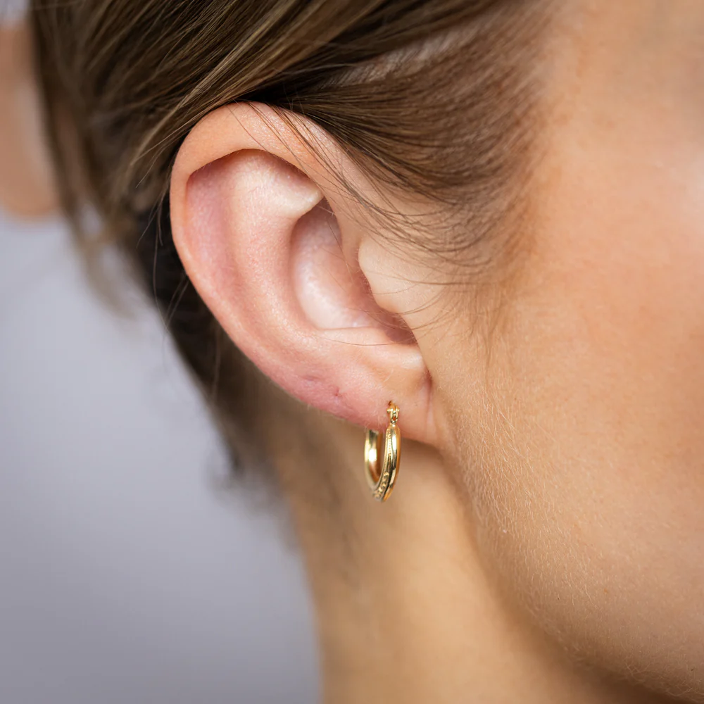 9ct Yellow Gold Silverfilled Greek Key Pattern Creole Hoop Earrings - Image 2