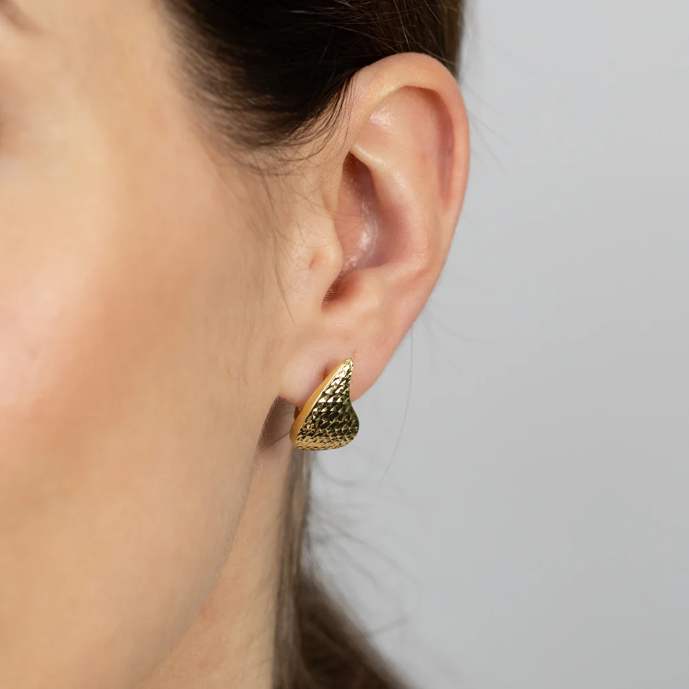 9ct Yellow Gold Silverfilled Hammered Teardrop Huggie Earrings - Image 2