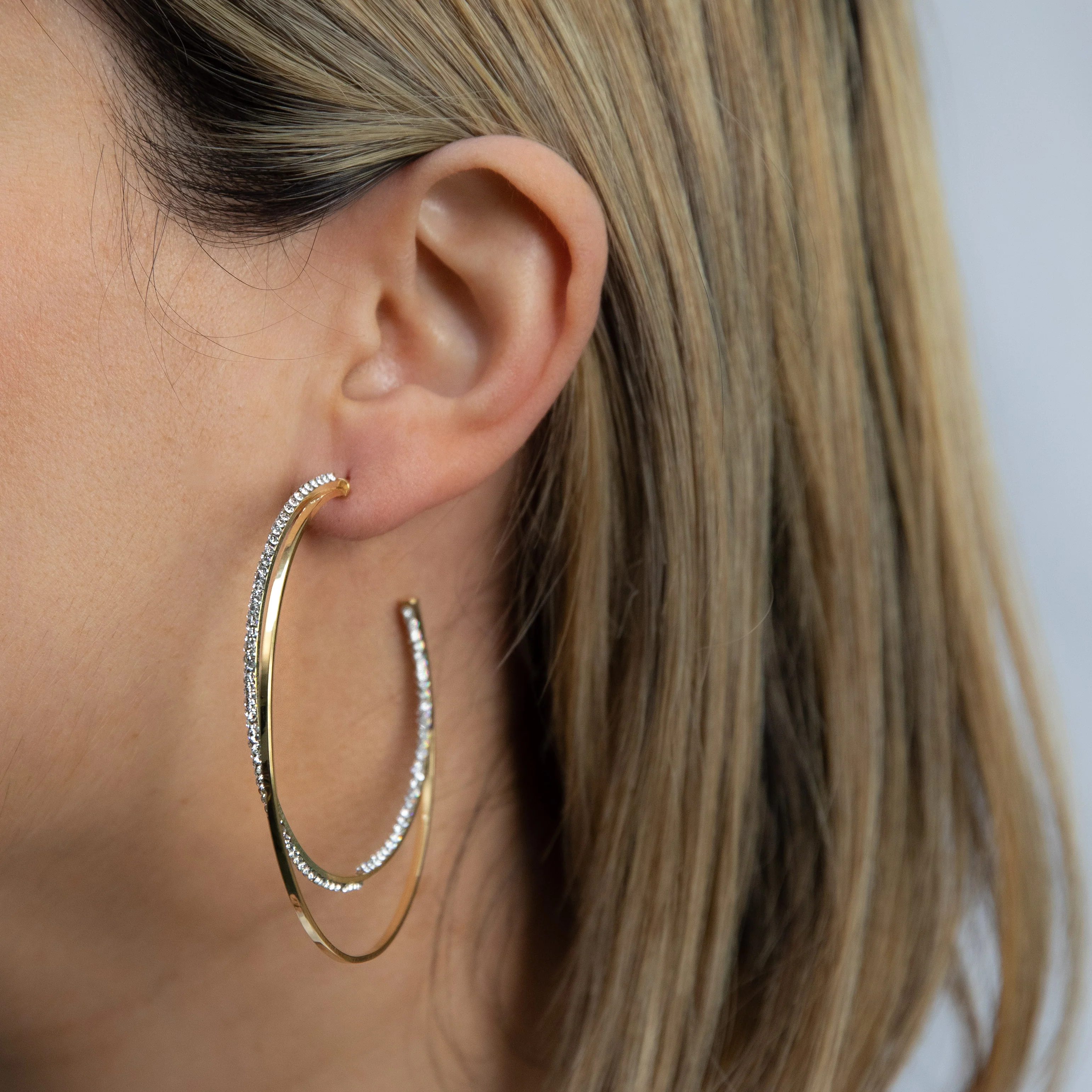 9ct Yellow Gold Silverfilled Large Double Layer Crystal Hoop Earrings - Image 2