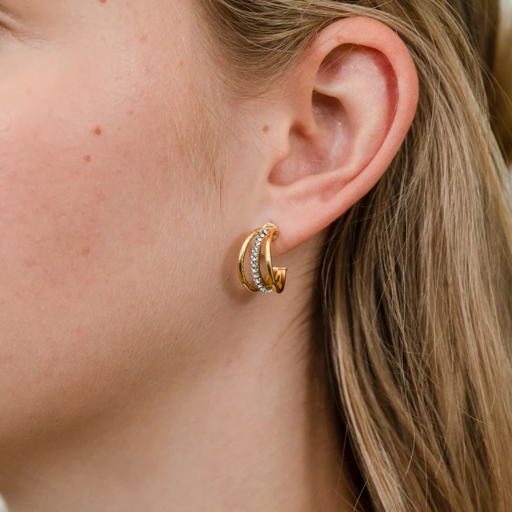 9ct Yellow Gold Silverfilled Triple Layer Crystal Half Hoop Earrings - Image 2