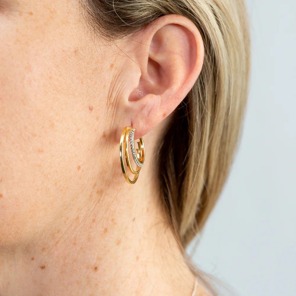 9ct Yellow Gold Silverfilled Tripple Hoop With Crystals Earrings - Image 2