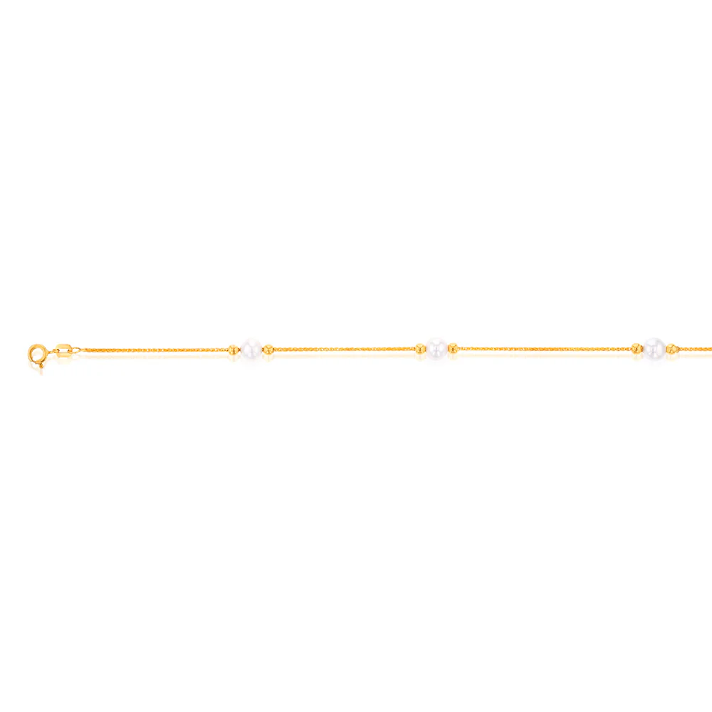 9ct Yellow Gold Silverfilled White Beads on 25Gauge Wheat Chain 19cm Bracelet - Image 2