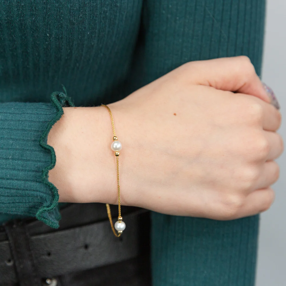 9ct Yellow Gold Silverfilled White Beads on 25Gauge Wheat Chain 19cm Bracelet - Image 3
