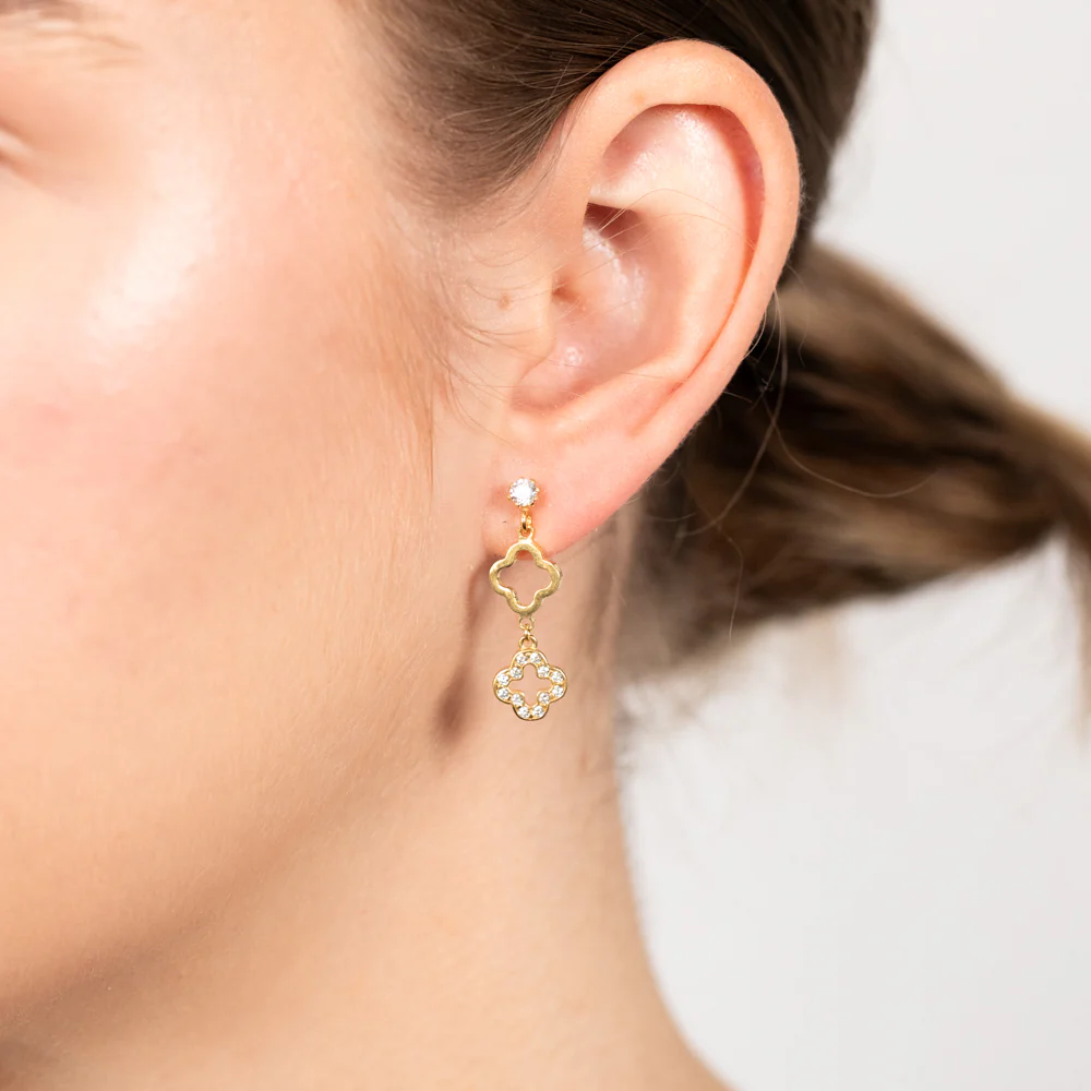 9ct Yellow Gold Silverfilled Zirconia Four Leaf Flower Drop Earrings - Image 2