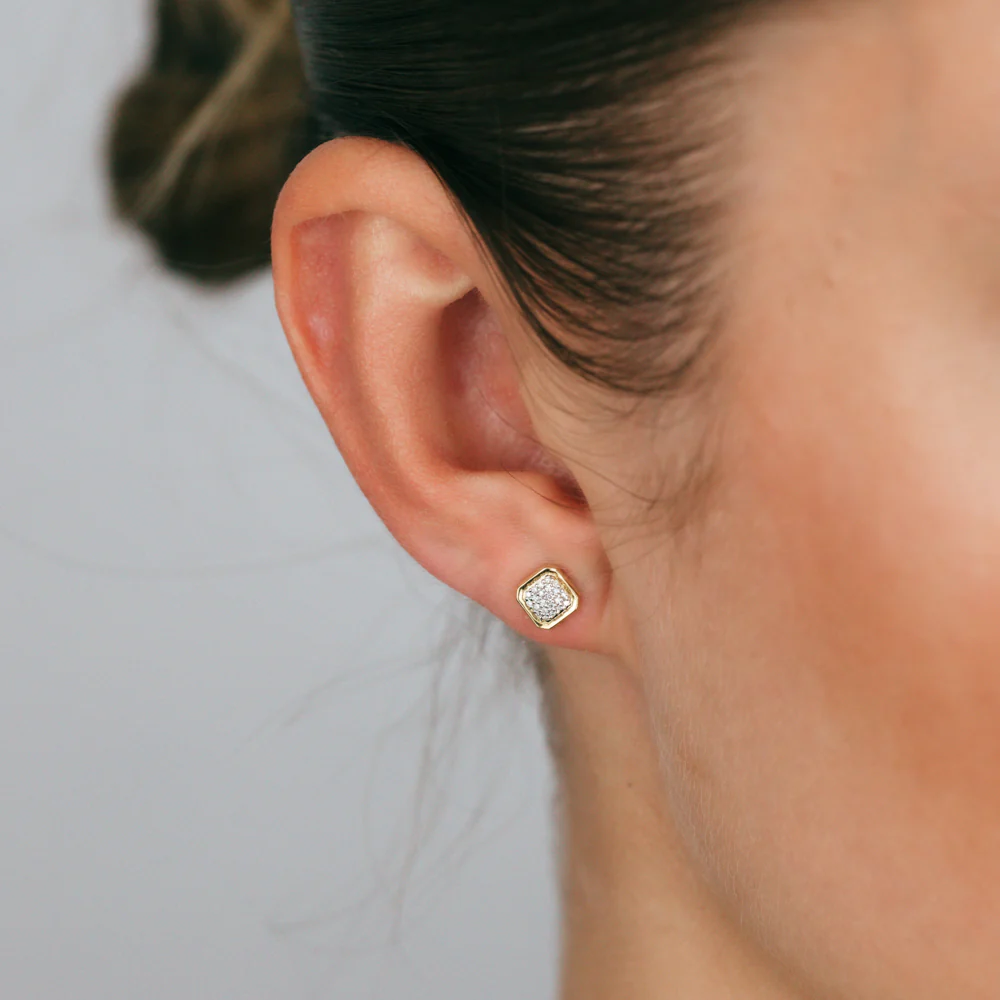9ct Yellow Gold Square Shaped Cluster Stud Diamond Earrings - Image 2