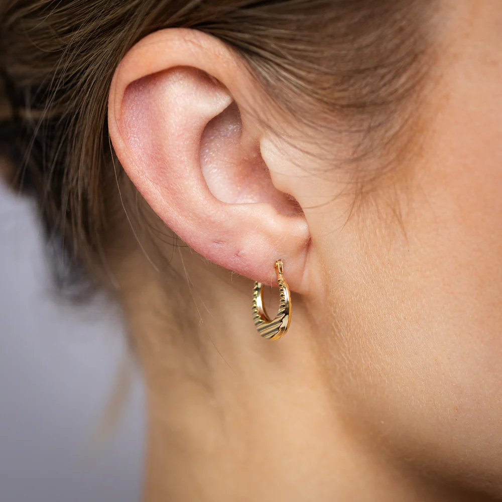 9ct Yellow Gold Stripped Creole Hoop Earrings - Image 2