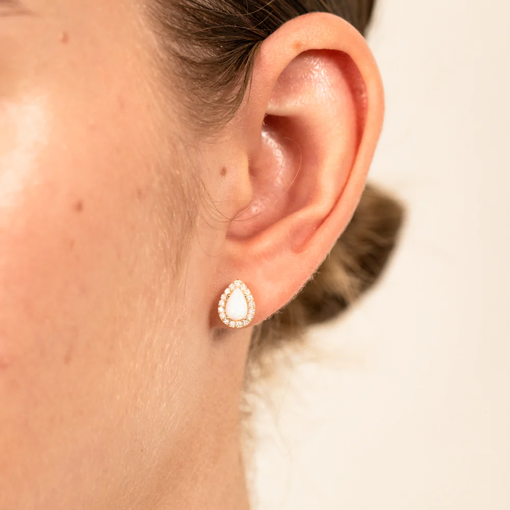 9ct Yellow Gold Teardrop Created Opal & Zirconia Stud Earrings - Image 2