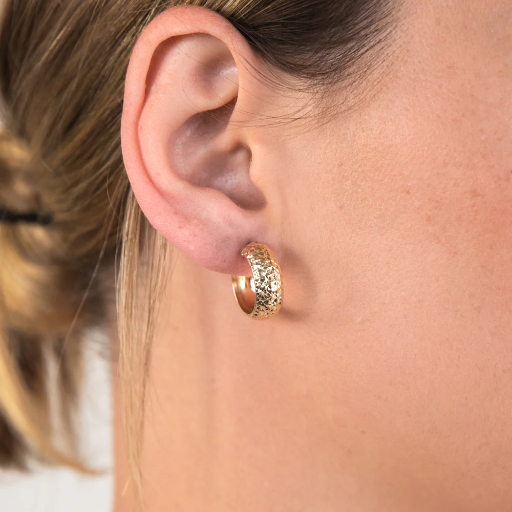 9ct Yellow Gold Textured Broad Hoop Earrings - Image 2