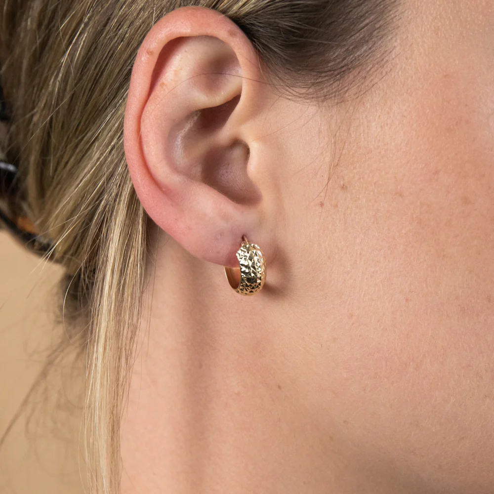9ct Yellow Gold Textured Broad Hoop Earrings - Image 2