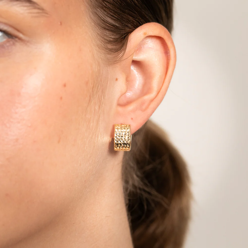 9ct Yellow Gold Textured Huggie Hoop Earrings - Image 2