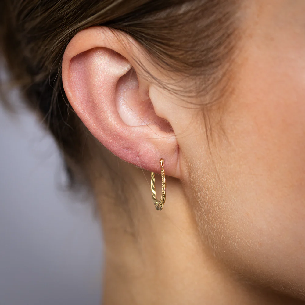 9ct Yellow Gold Textured Twisted Hoop Earrings - Image 2