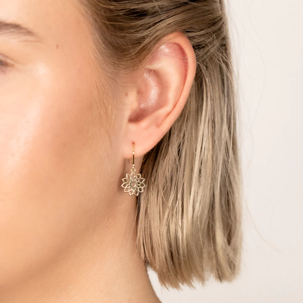 9ct Yellow Gold Tribal Flower Cut Out Hook Earrings - Image 2