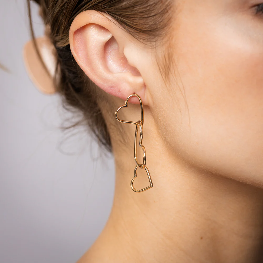 9ct Yellow Gold Triple Heart Drop Earrings - Image 2