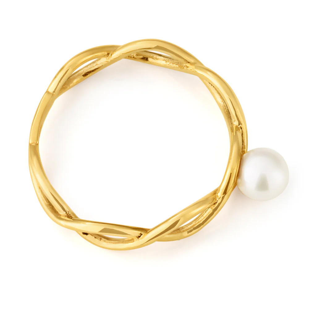 9ct Yellow Gold Twist Ring with Pearl - Image 2