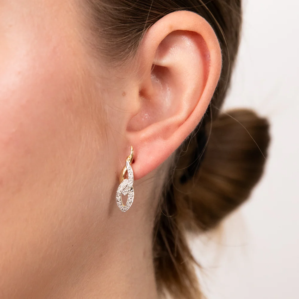 9ct Yellow Gold Twisted Drop Earrings in 12 Diamonds - Image 2