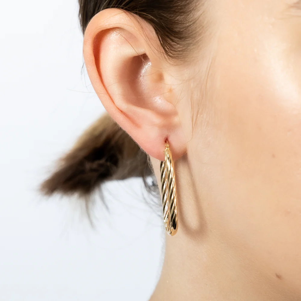 9ct Yellow Gold Twisted Elongated Hoop Earrings - Image 2