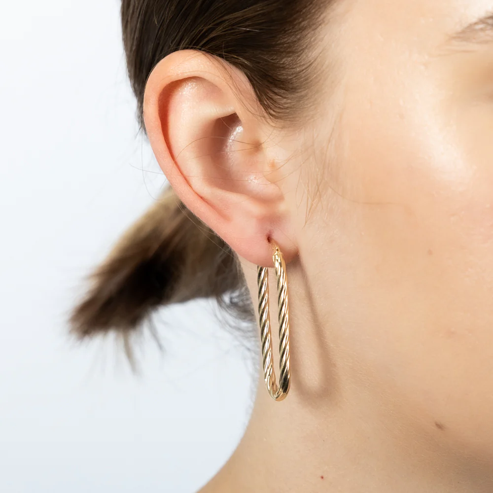 9ct Yellow Gold Twisted Elongated Hoop Earrings - Image 2