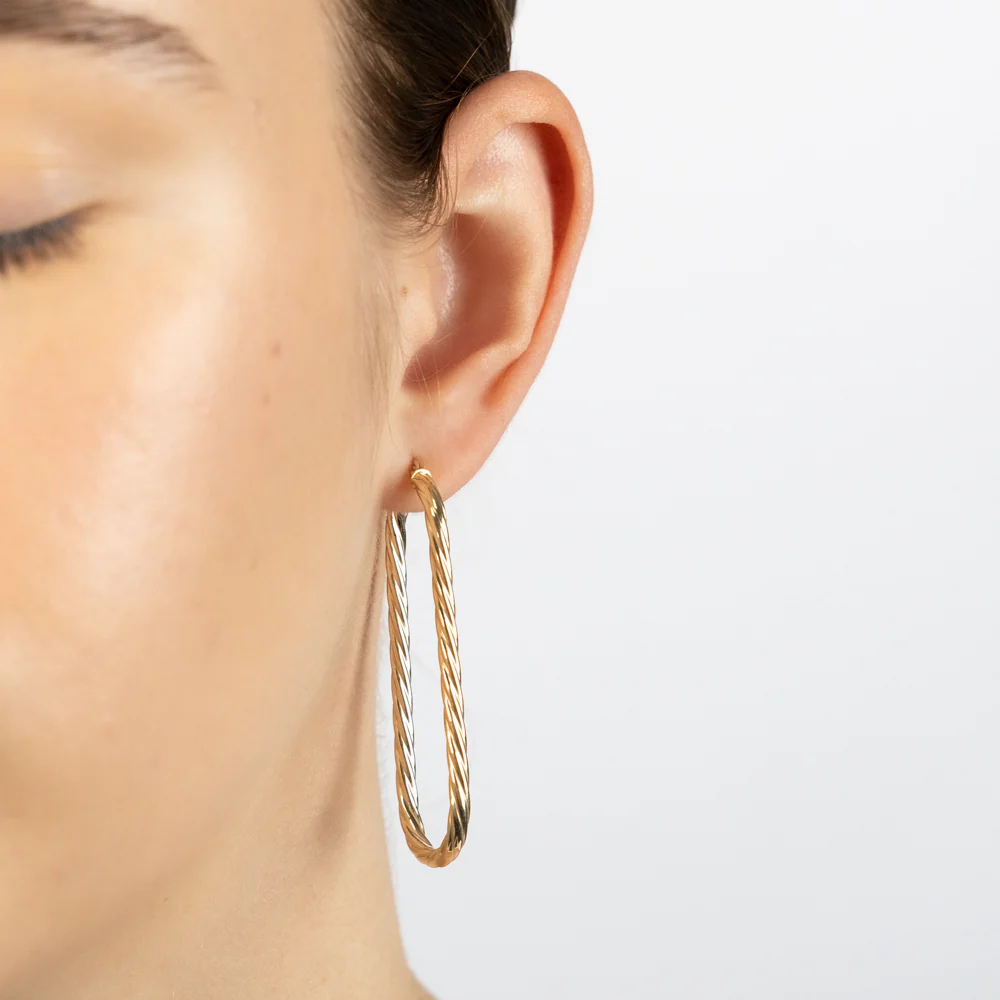 9ct Yellow Gold Twisted Elongated Hoop Earrings - Image 2