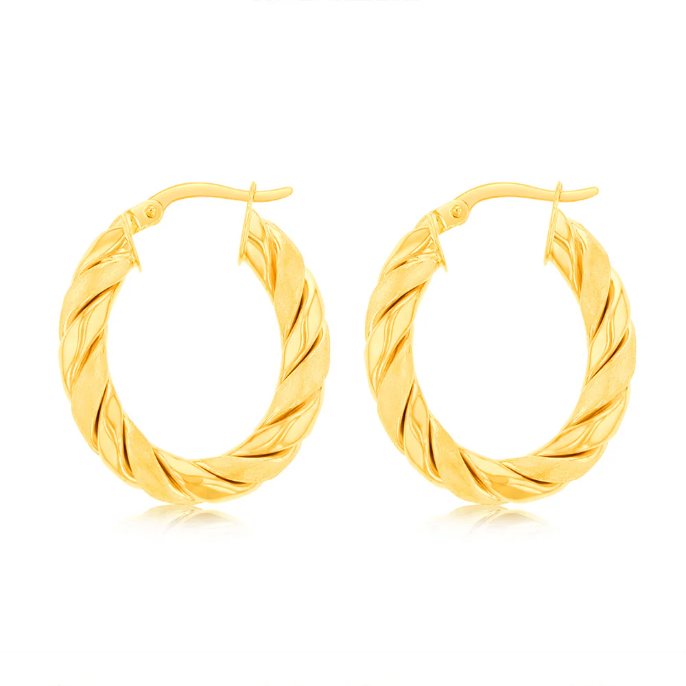 9ct Yellow Gold Twisted Oval Hoop Earrings - Image 2