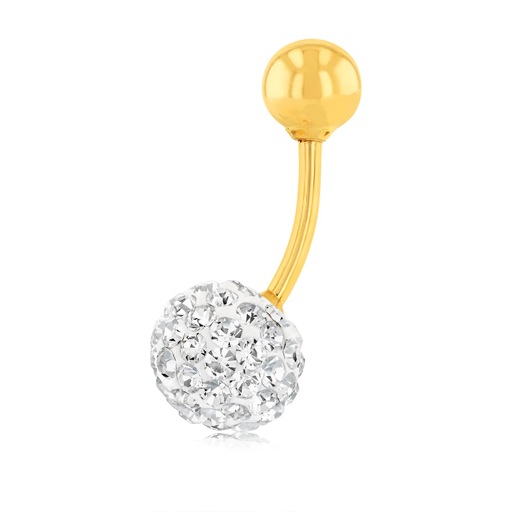 9ct Yellow Gold White Crystal Round Belly Bar - Image 2