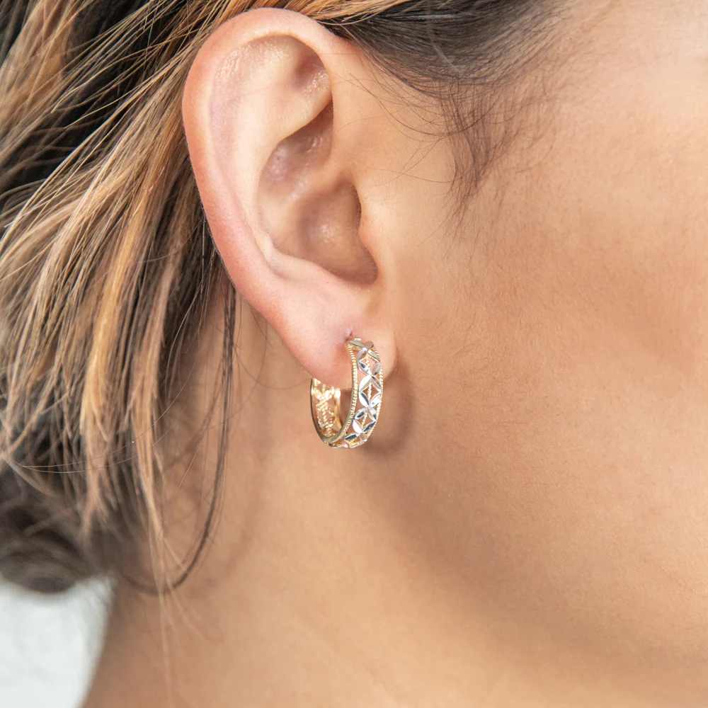 9ct Yellow Gold & White Snowflake Features Hoop Earrings - Image 2