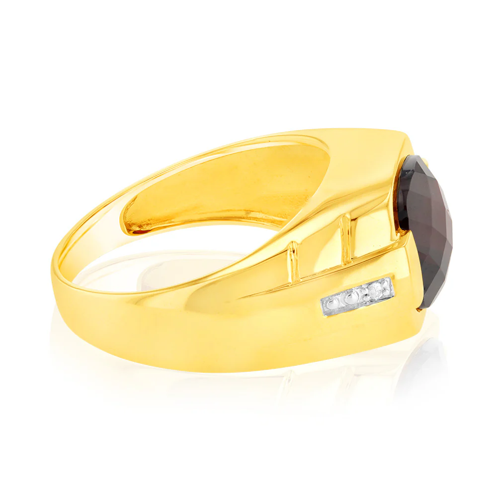 9ct Yellow Gold with 1Garnet & Small Diamond Men Ring - Image 2