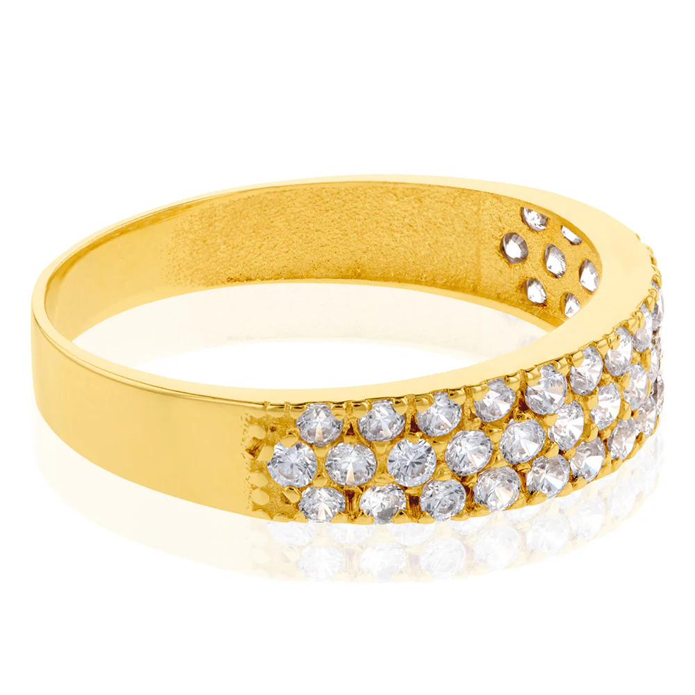 9ct Yellow Gold Zirconia 3 Row Claw Set Ring - Image 2