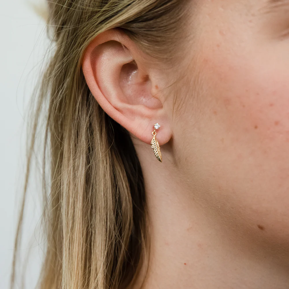 9ct Yellow Gold Zirconia Feather Drop Earrings - Image 2