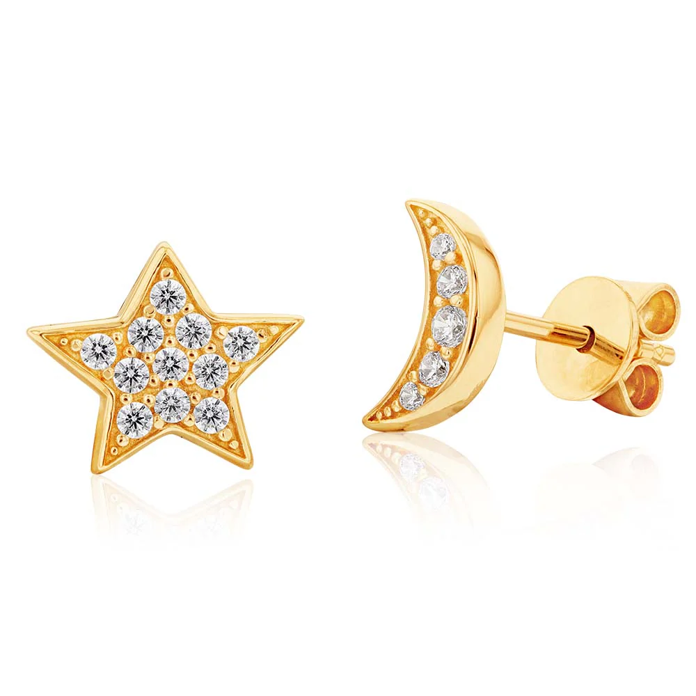 9ct Yellow Gold Zirconia Moon and Star Studs - Image 3