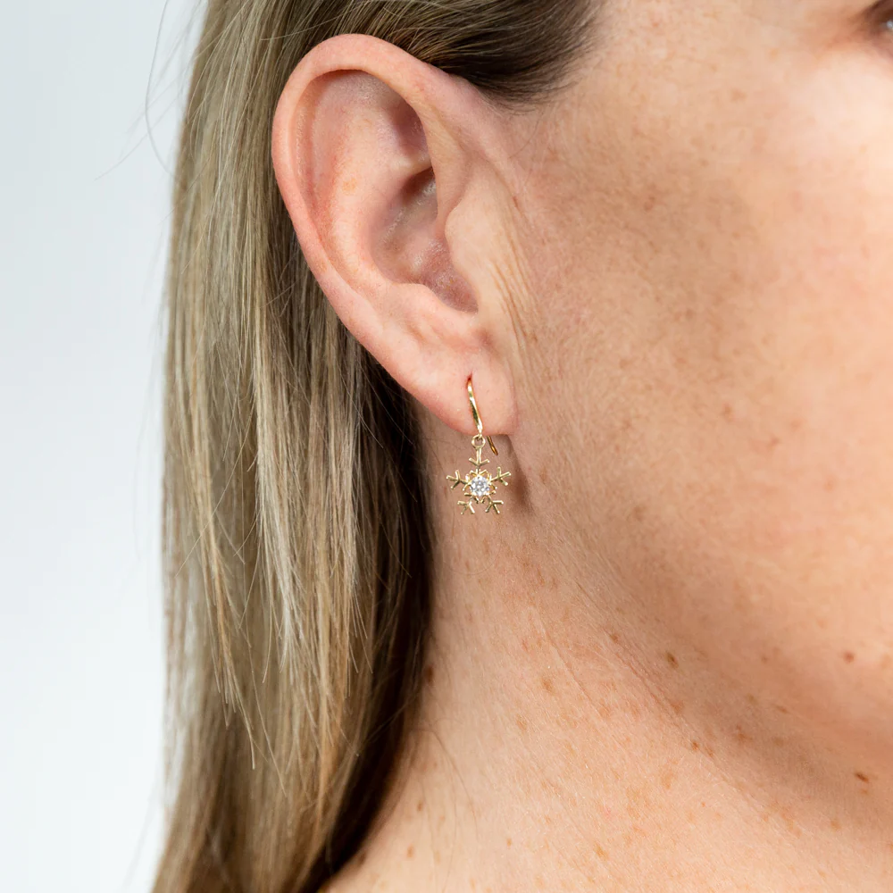 9ct Yellow Gold Zirconia Snowflake Drop Earrings - Image 2