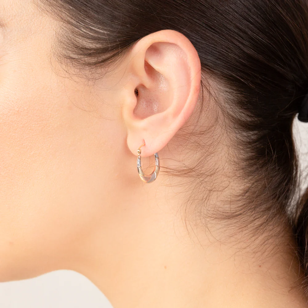 9ct Yellow, Red And White Gold Three Tone Textured Creole Hoop Earrings - Image 2