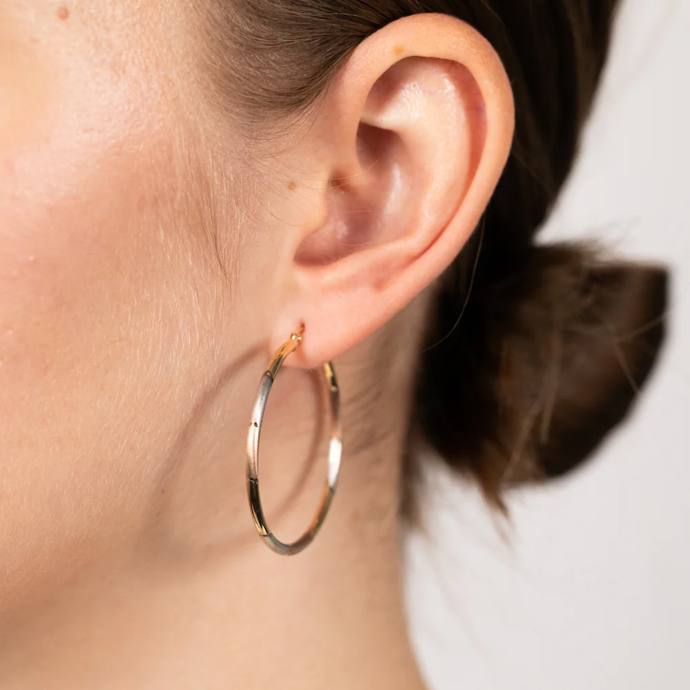 9ct Yellow Rose And White Gold Tri Colour  Super Light Diamond Cut Tube Hoop Earrings - Image 2