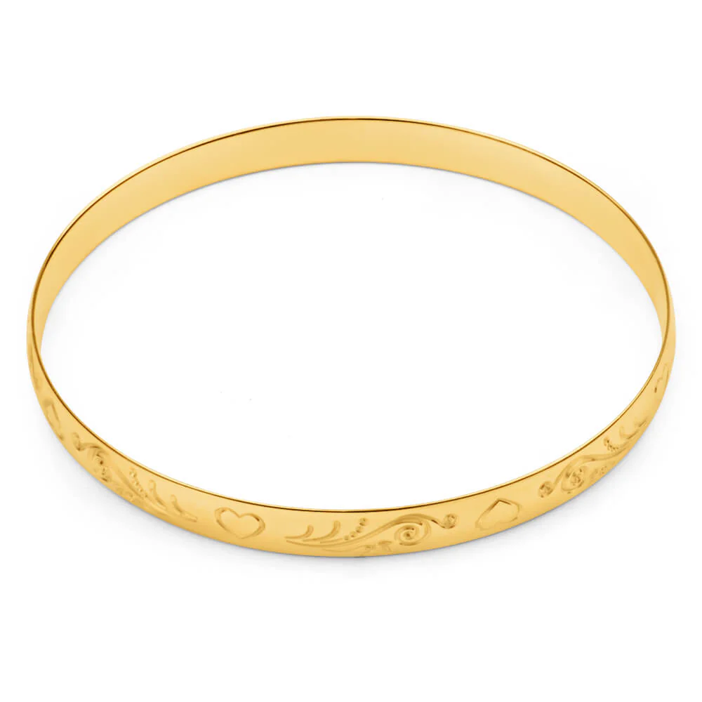 9ct Yellow SOLID Gold Engraved Heart Pattern Bangle - Image 2