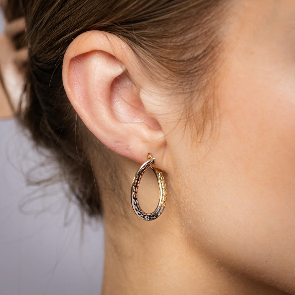 9ct Yellow, White and Rose Gold Tricolor Silverfilled Oval Diamond Cut Twist 18 x 25mm Earrings - Image 2