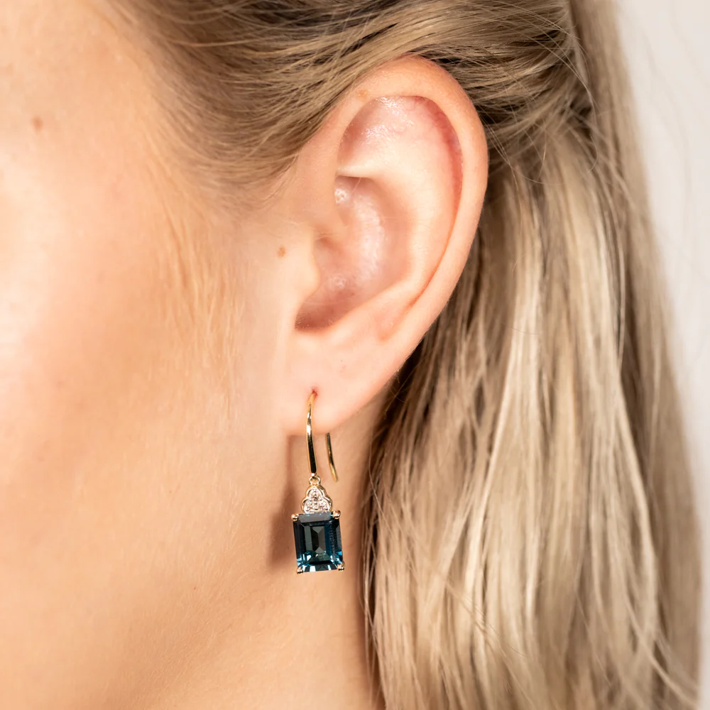 9ct Yellow White Gold 5.6ct London Blue Topaz Emerald Cut with 1/10 Carat Diamond Drop Earrings - Image 2