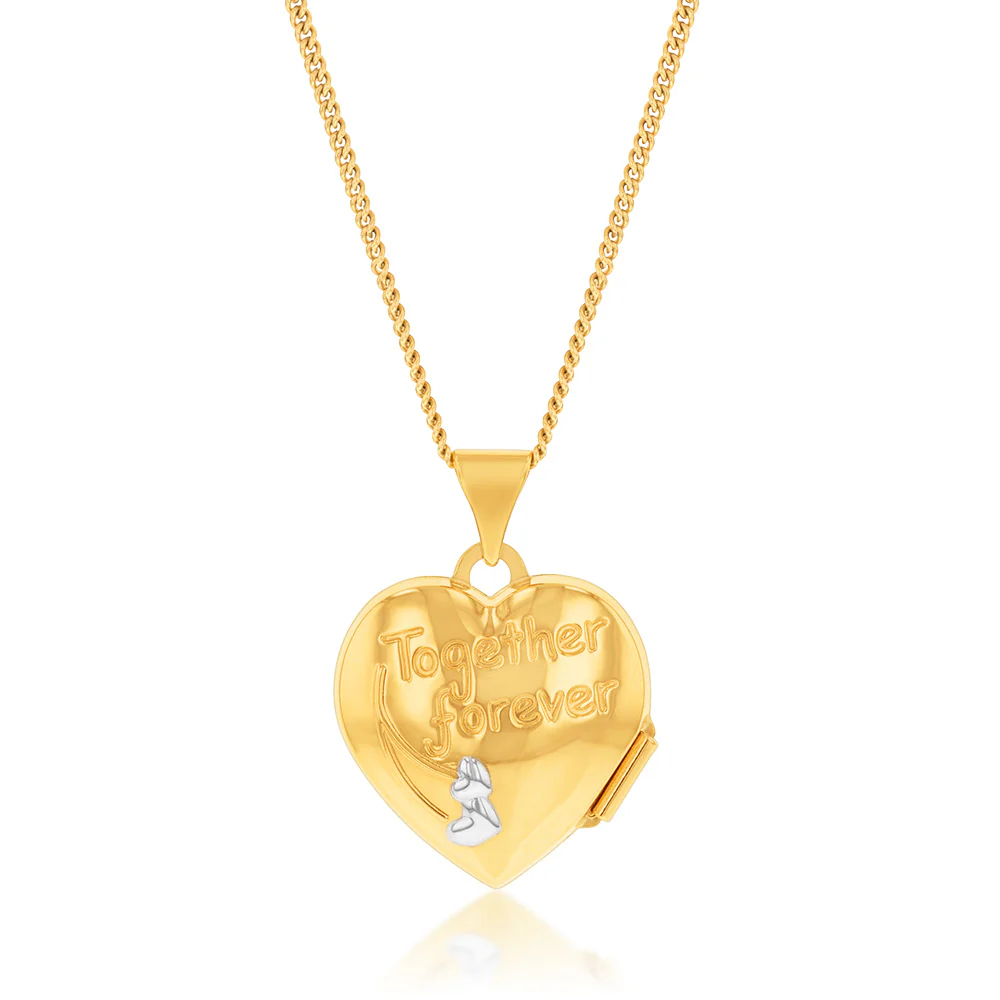 9ct Yellow & White Gold Two Tone Together Forever On Heart Locket Pendant - Image 2