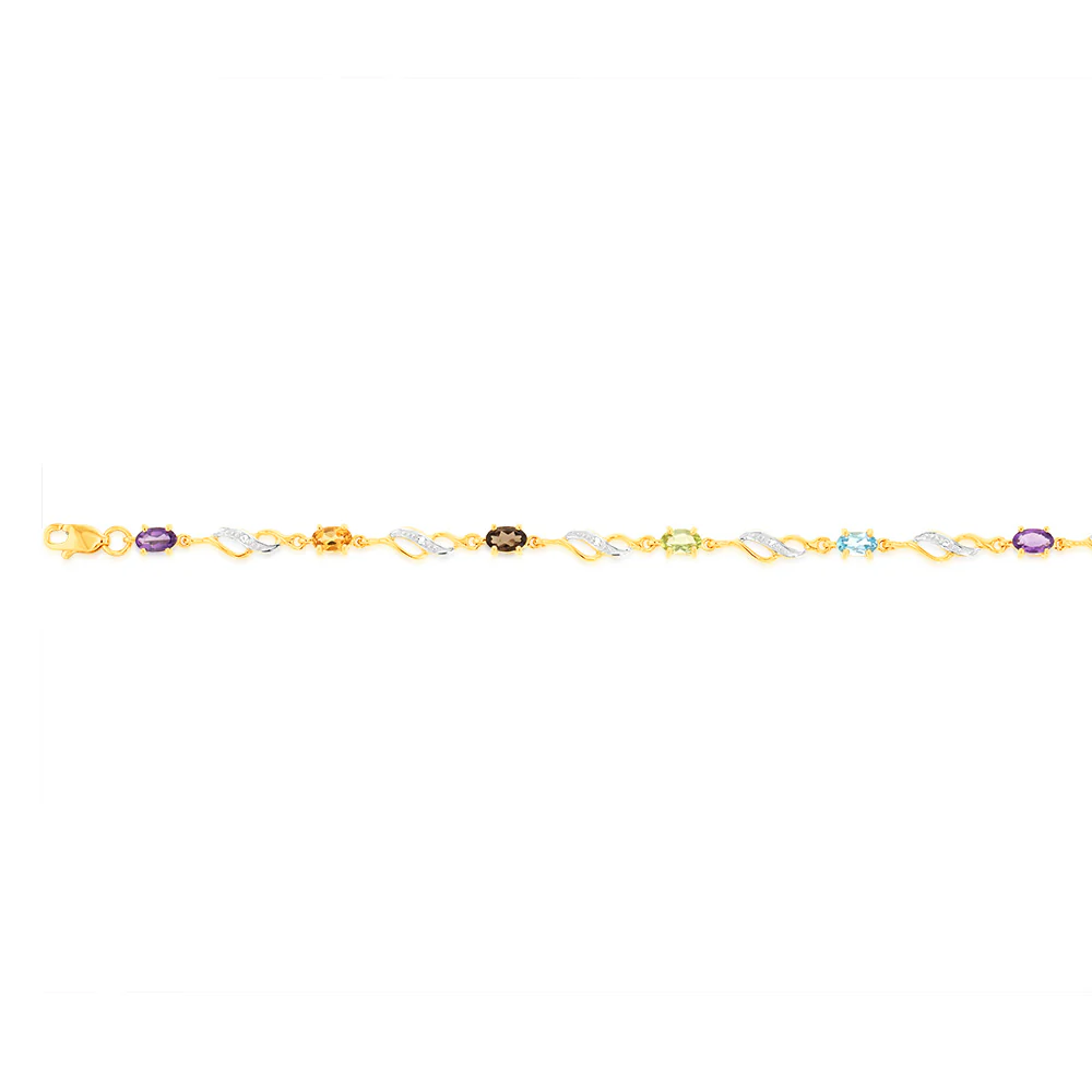 Amethyst, Citrine, Smokey Quartz, Peridot, Swiss Blue Topaz & Diamond Bracelet in 9ct Yellow Gold - Image 2